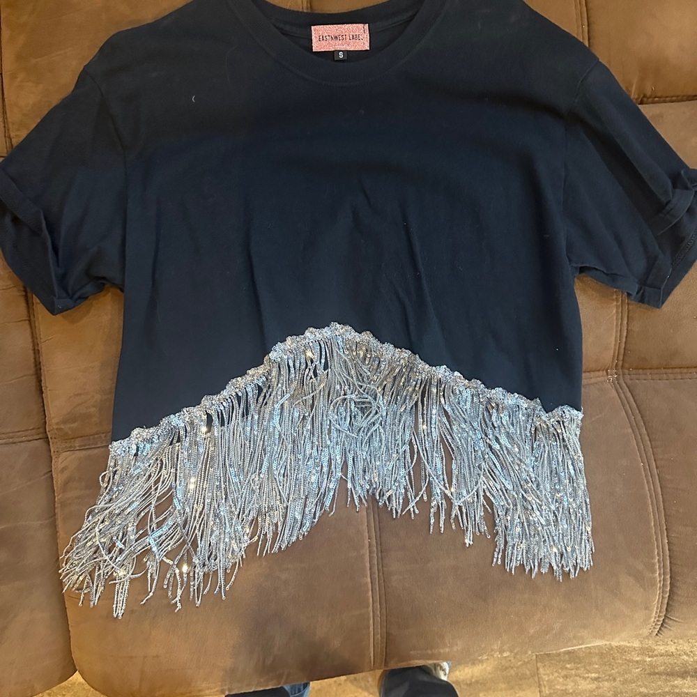 Chic Navy Tee with Silver Fringe